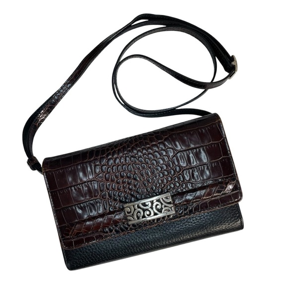 VTG Brighton Deco Lace Black/Brown Wallet Crossbody Purse Leather Croc Pattern - Picture 1 of 13